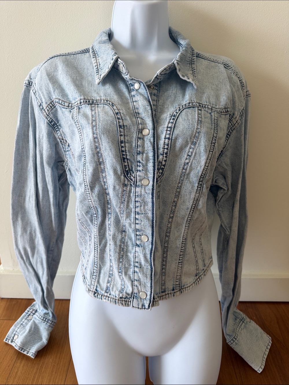 Good American Dolly Parton Light Blue Denim Button-Front Corset Shirt